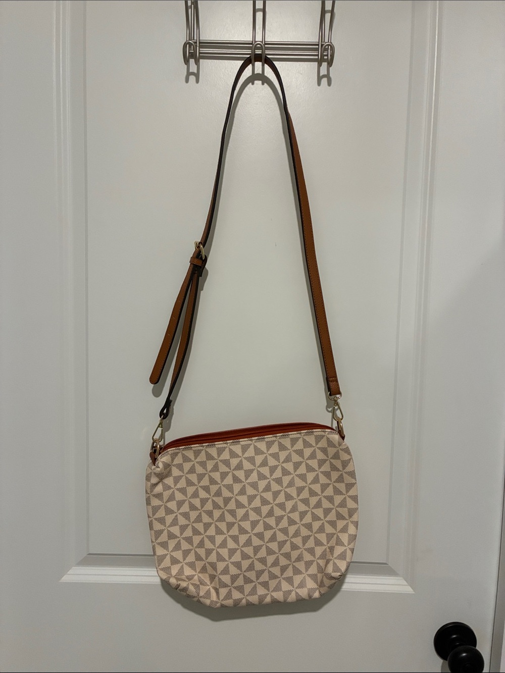 Geo-Print Cream Crossbody Bag with Tan Adjustable Strap